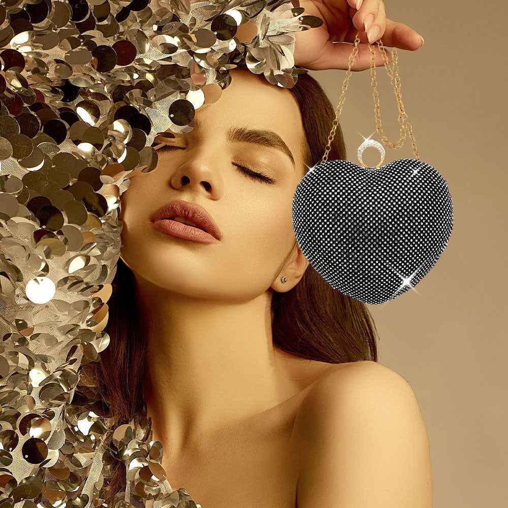 Black Crossbody Bag Rhinestone Embellished Heart Evening Clutch / Crossbody Bag