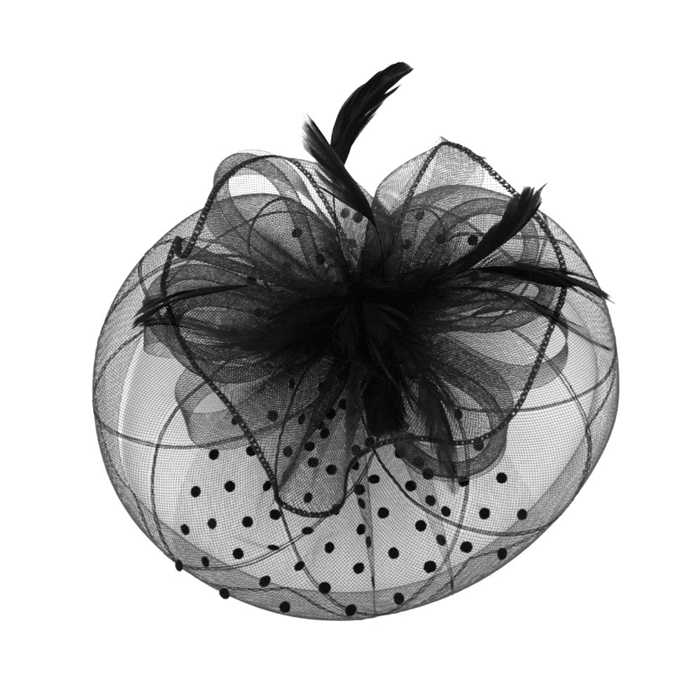 Black Dot Bow Feather Mesh Flower Fascinator / Headband - M H W ACCESSORIES LLC