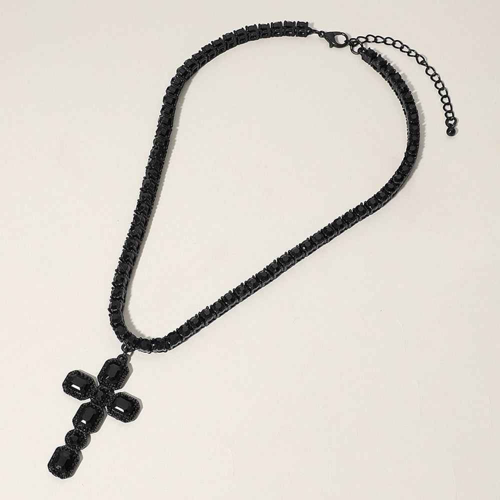 Black Embellished Cross Pendant Bling Studded Chunky Chain Necklace