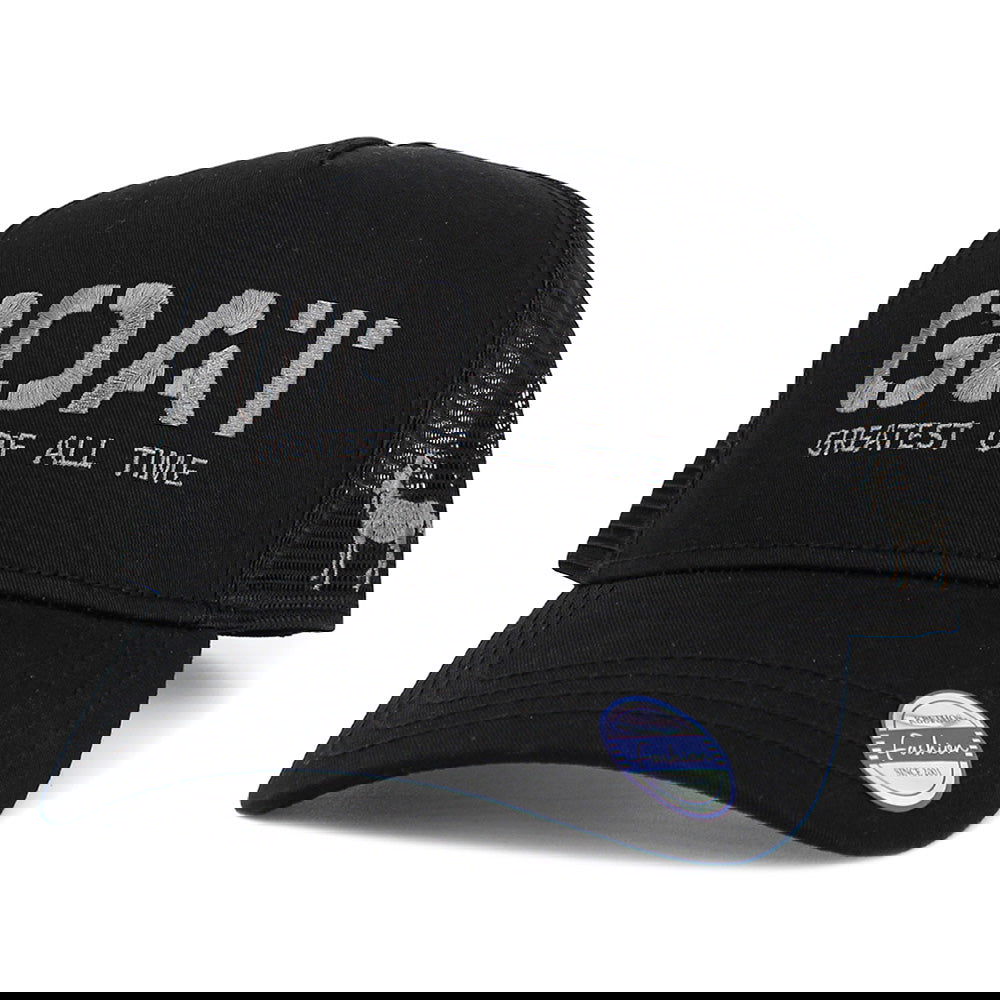 Black Embroidered Mesh Back Trucker Hat GOAT GREATEST OF ALL TIME Message  Hat - M H W ACCESSORIES LLC