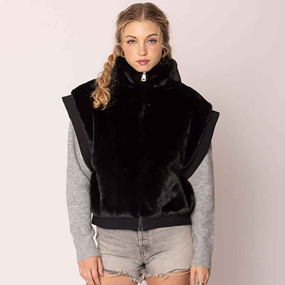 Black Faux Fur Rib Sleeve Vest