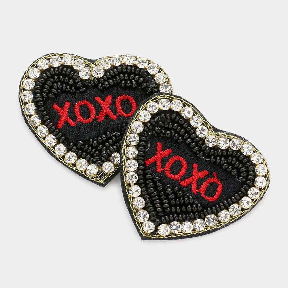 Black Felt Back XOXO Message Seed Bead Embellished Earrings