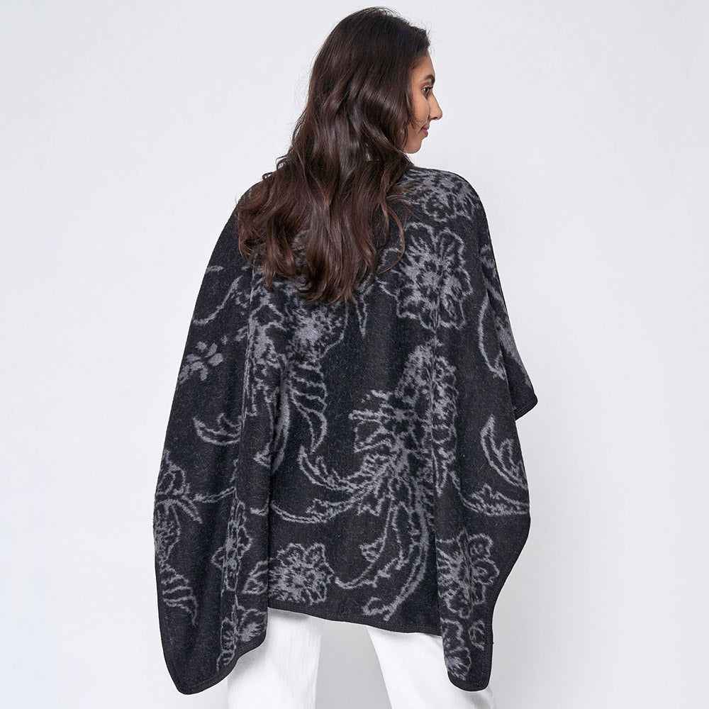 Black Floral Patterned Woven Ruana Poncho
