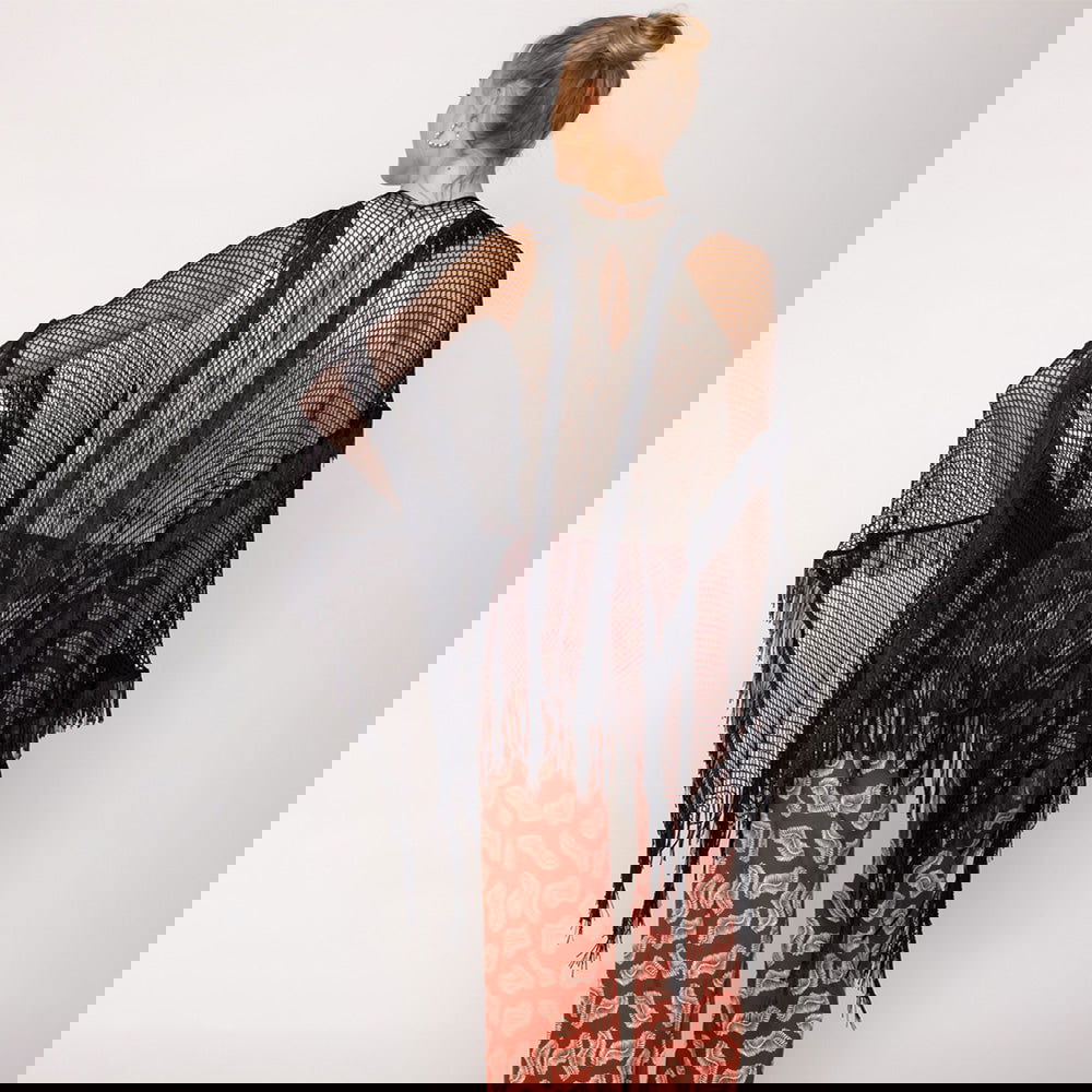 Black Lurex Tassel Kimono Poncho - M H W ACCESSORIES LLC