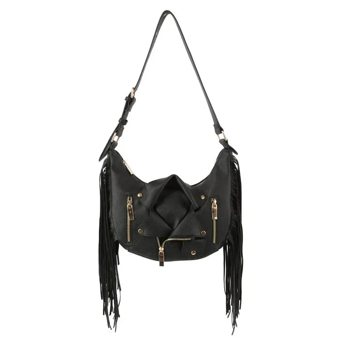 Black Moto Fringe Shoulder Bag - M H W ACCESSORIES LLC