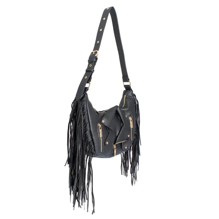 Black Moto Fringe Shoulder Bag - M H W ACCESSORIES LLC