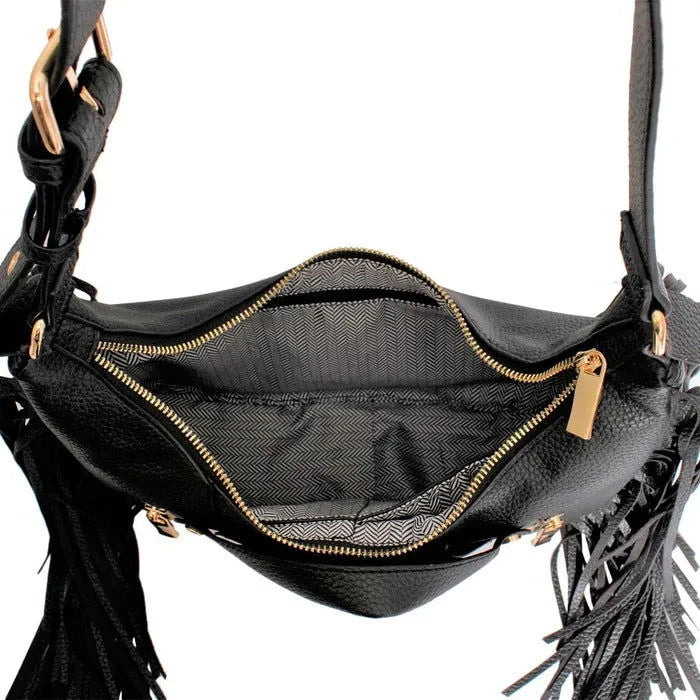 Black Moto Fringe Shoulder Bag - M H W ACCESSORIES LLC