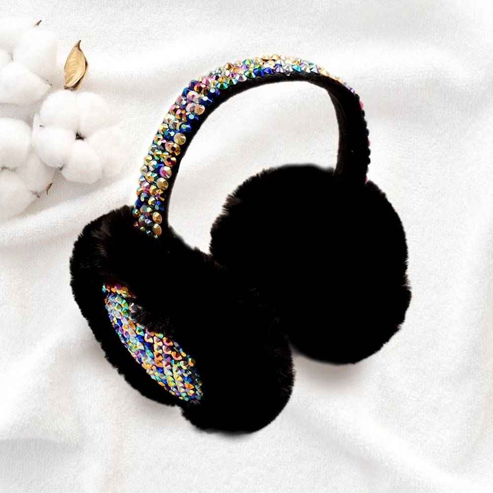 Black & Multi Studded Fluffy Plush Fur Foldable Earmuff