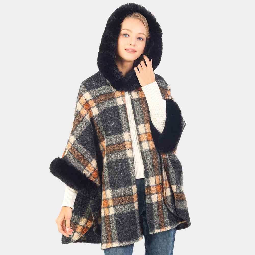 Black & Orange Soft Checker Pattern Hoodie Cape with Faux Fur