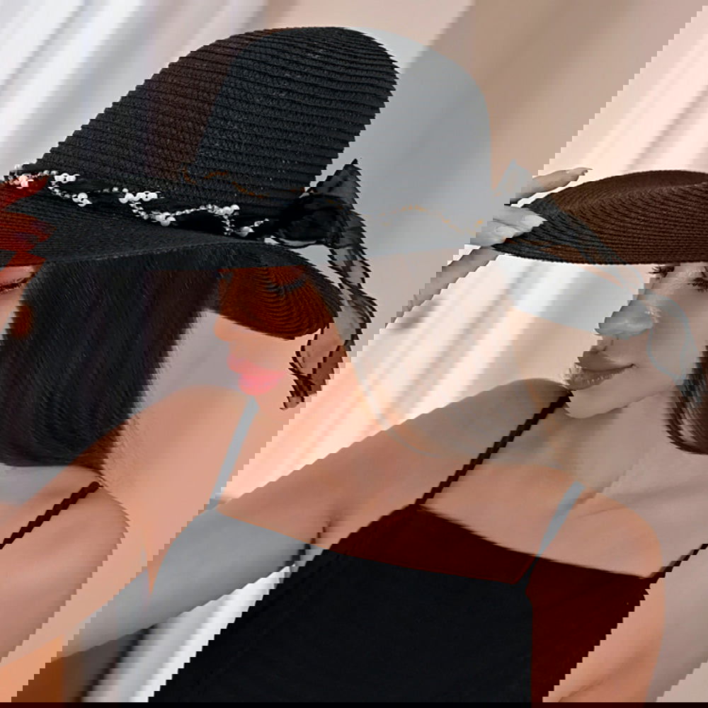 Black Pearl Beaded Ribbon Pointed Wide Brim Floppy Sun Hat - M H W ACCESSORIES LLC