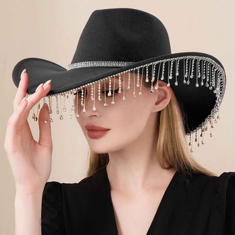 Black Rhinestone Embellished Band Pointed Rhinestone Stone Paved Fringe Around Cowboy Western Hat