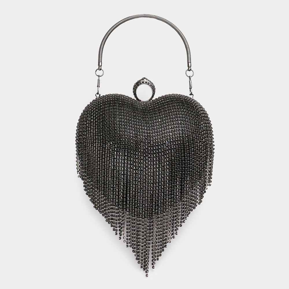 Black Rhinestone Fringe Heart Evening Tote / Clutch / Crossbody Bag