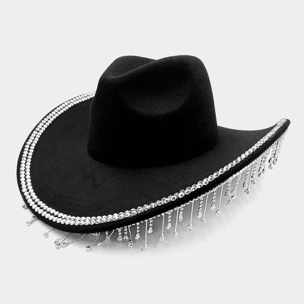 Black Rhinestone Stone Paved Fringe Around Cowboy Western Hat