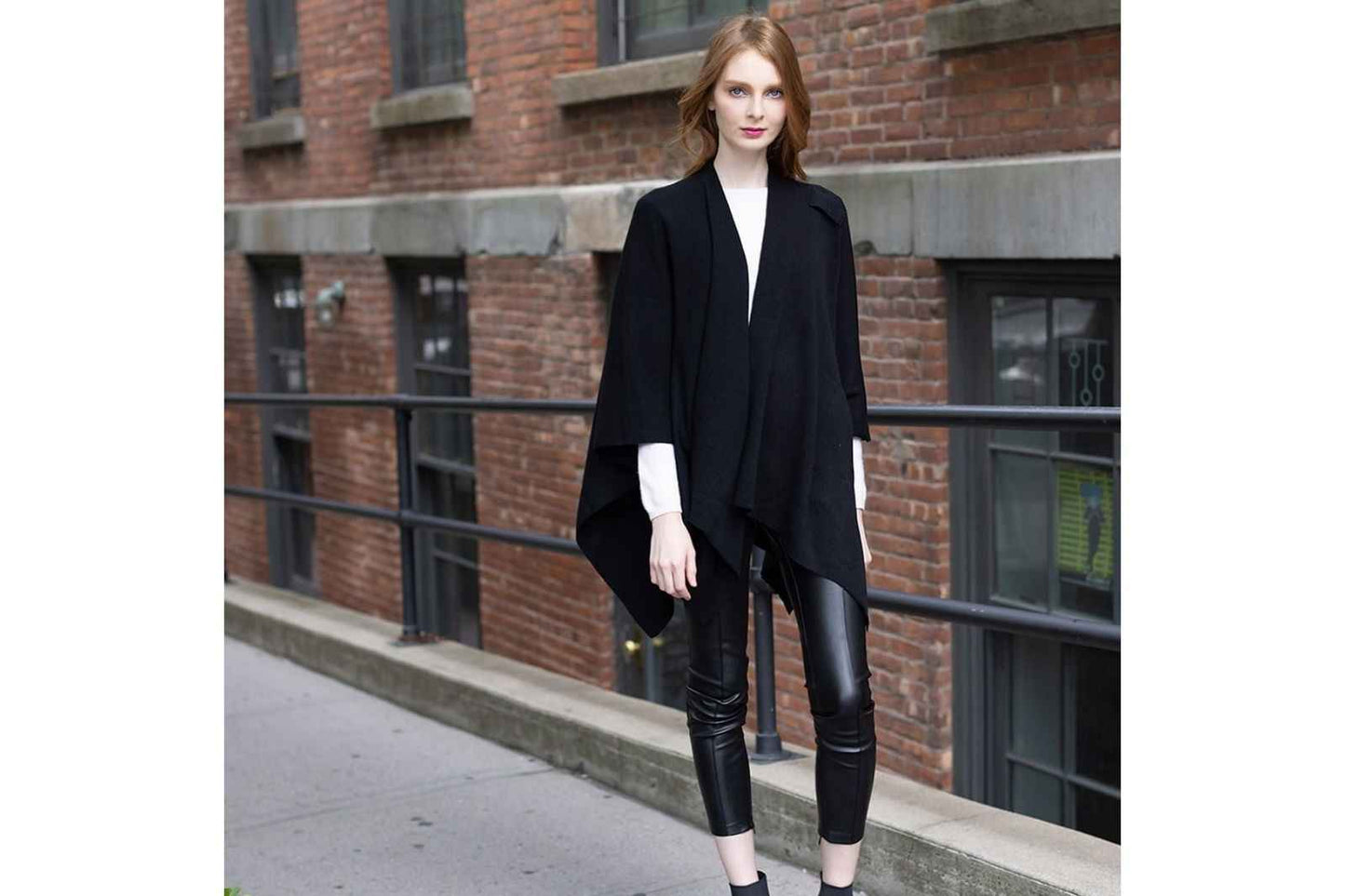 Black Shoulder Strap Solid Ruana Poncho