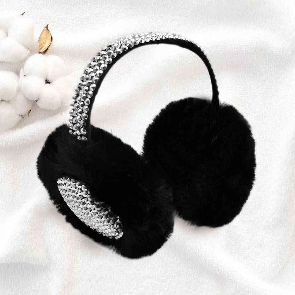 Black & Silver Studded Fluffy Plush Fur Foldable Earmuff