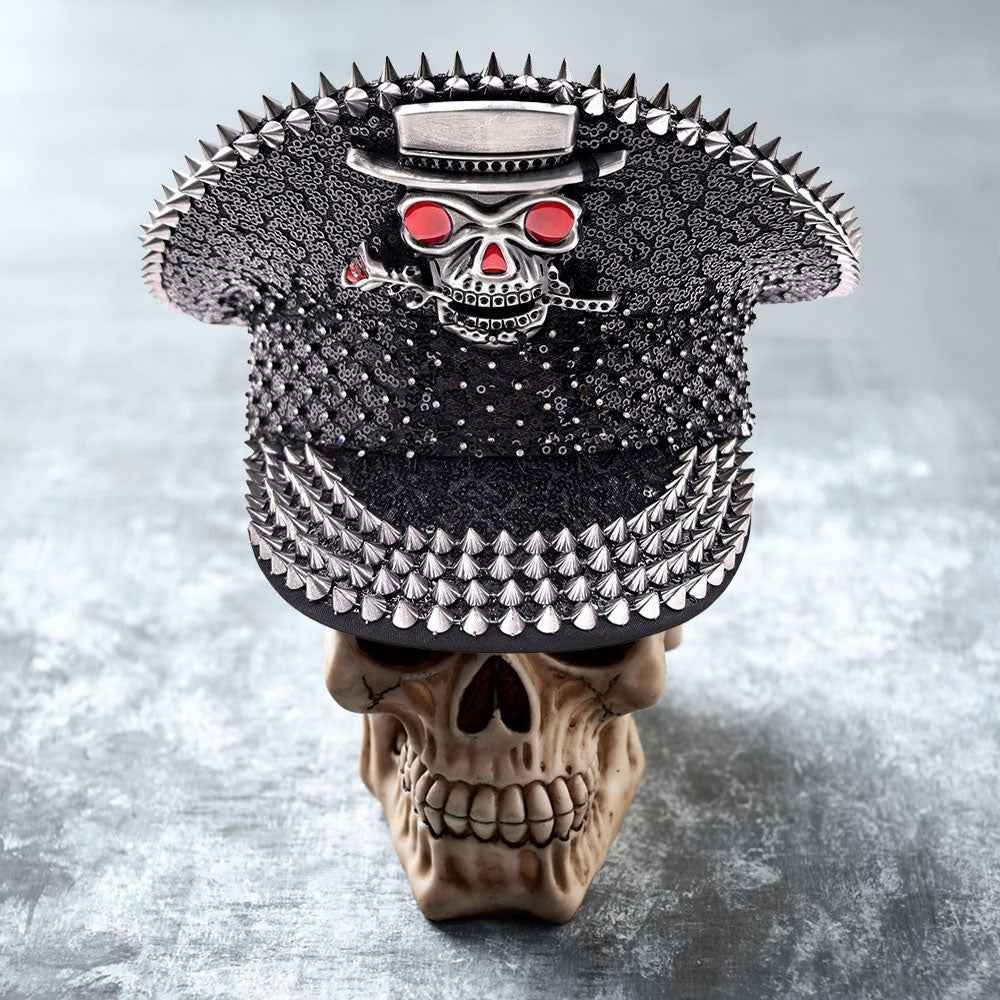 Black Skull Pointed Spike Studded Captain Hat