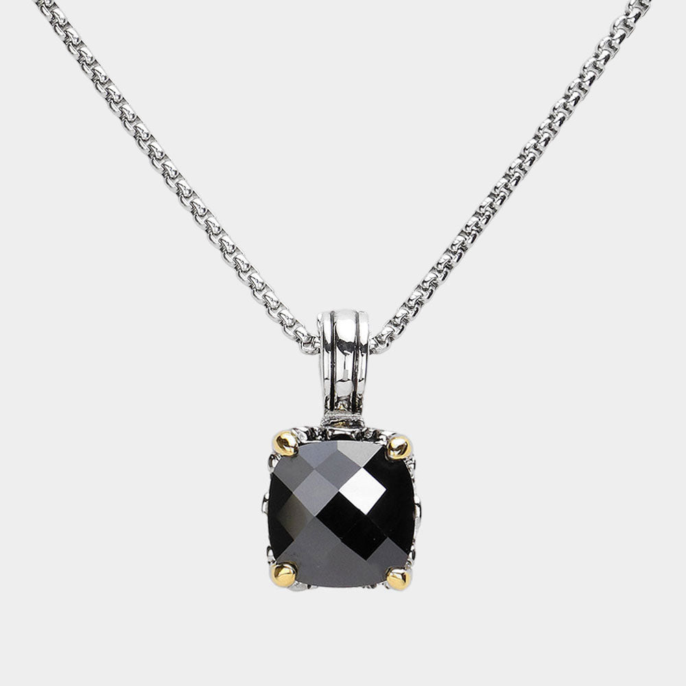 Black Square CZ Stone Cluster Pendant Necklace - M H W ACCESSORIES LLC