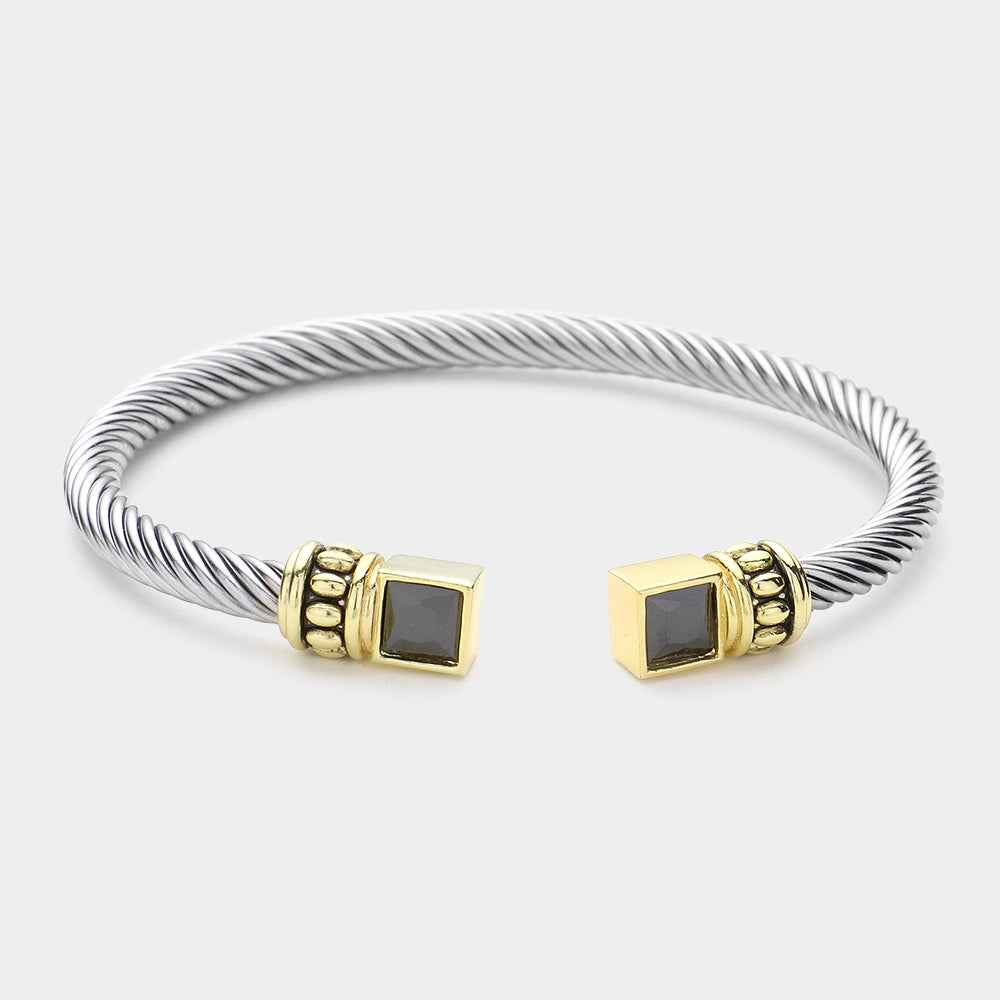 Black Two Tone Plated CZ Square Stone Tip Cable Cuff Bracelet