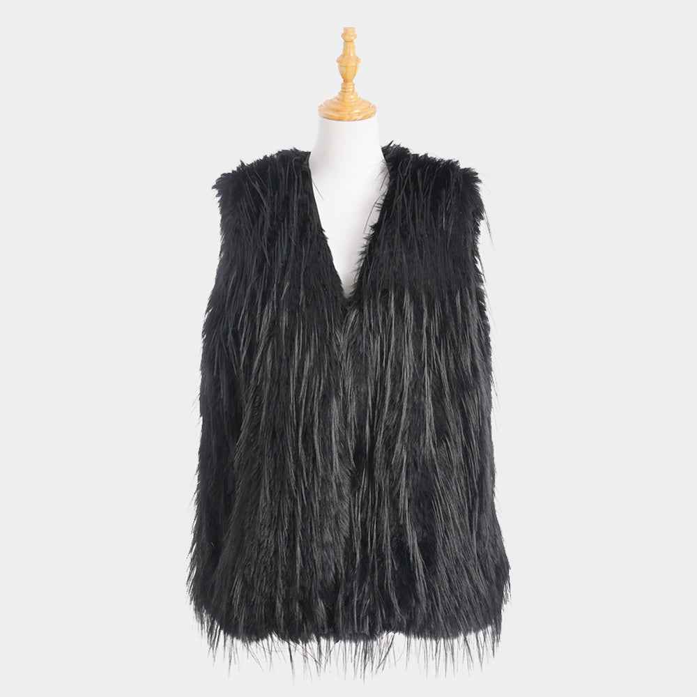 Black Solid Faux Fur Vest
