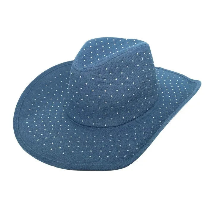 Blue Denim Western Rhinestone Cowboy Fedora Hat - M H W ACCESSORIES LLC