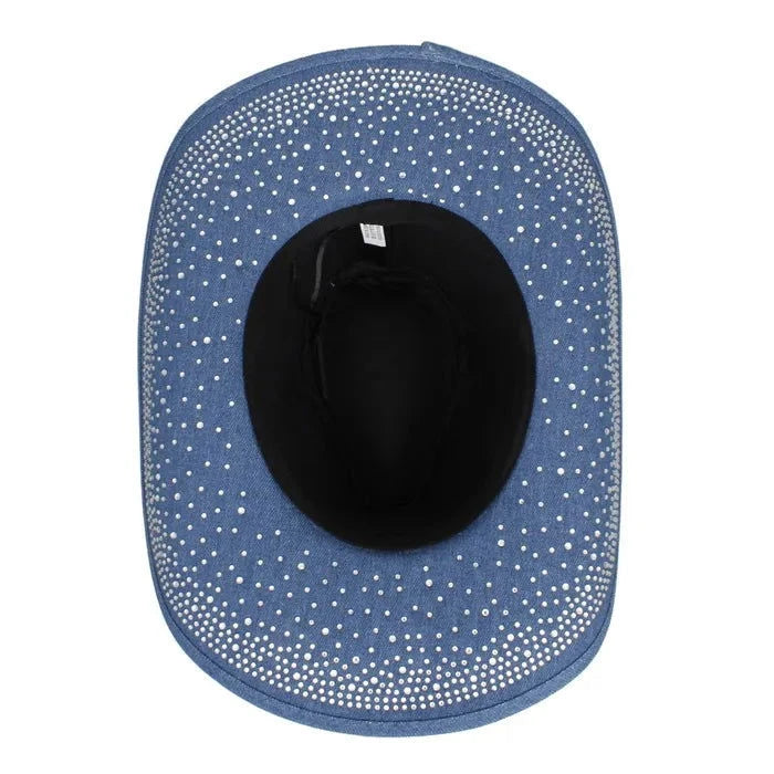 Blue Denim Western Rhinestone Cowboy Fedora Hat - M H W ACCESSORIES LLC