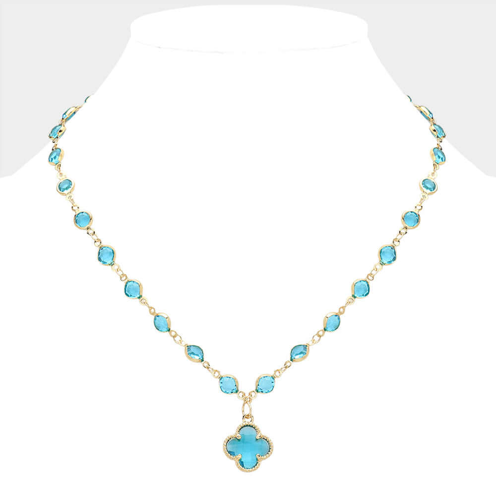 Blue Quatrefoil Pendant Pointed Rhinestone Bezel Station Necklace - M H W ACCESSORIES LLC