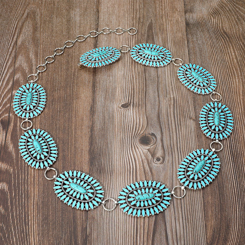 Boho Vintage Western Oval Turquoise Stone Pointed Concho Chain Belt - M H W ACCESSORIES LLC