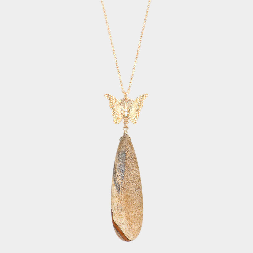 Brown Butterfly Natural Stone Teardrop Link Pendant Long Necklace - M H W ACCESSORIES LLC