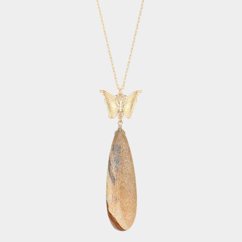 Brown Butterfly Natural Stone Teardrop Link Pendant Long Necklace