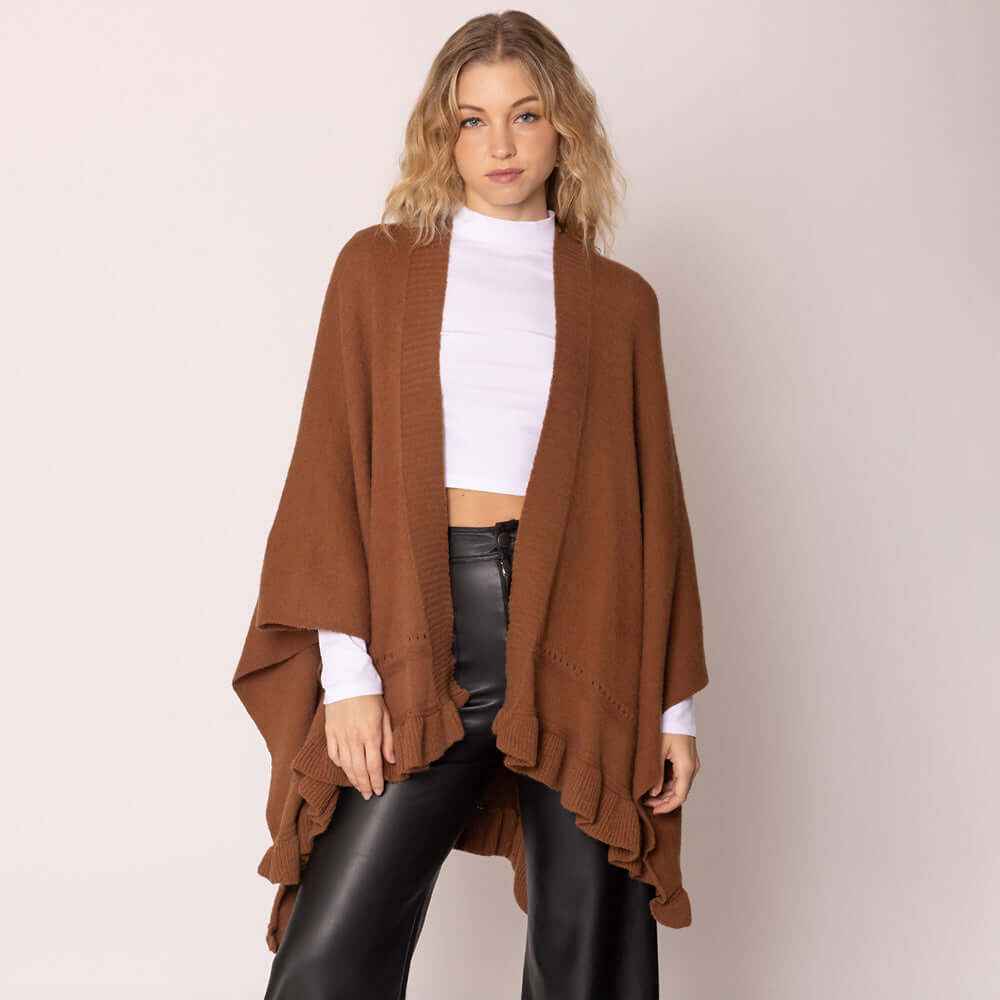 Brown Ruffle Hem Knit Ruana