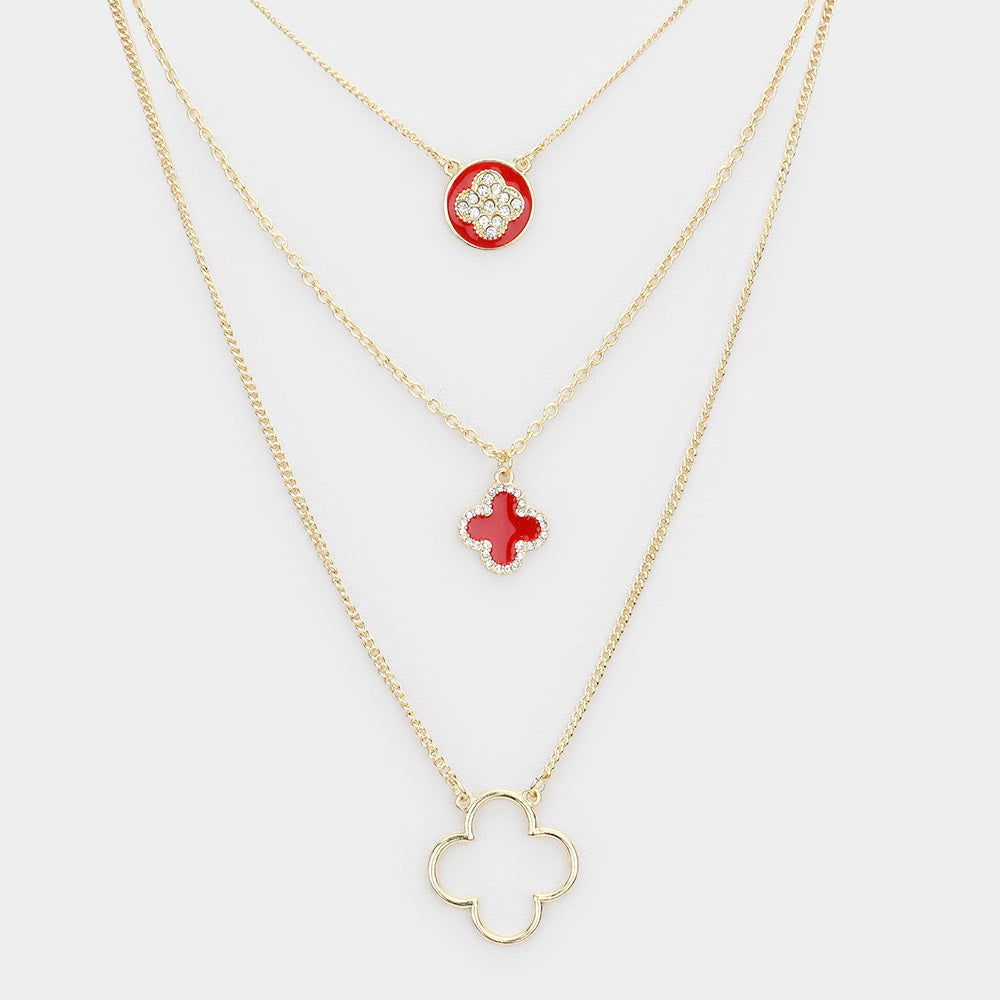 Burgundy Enamel Rhinestone Quatrefoil Pendant Triple Layered Necklace - M H W ACCESSORIES LLC