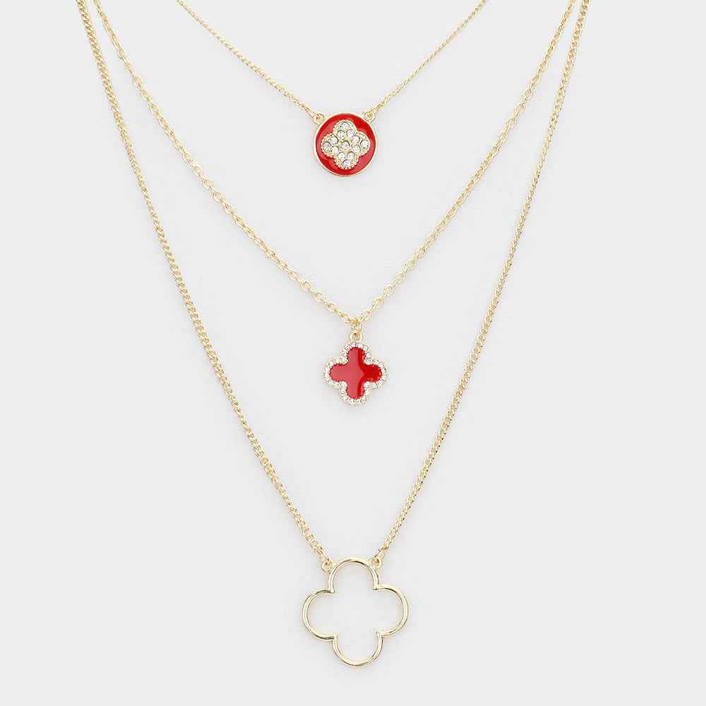Burgundy Enamel Rhinestone Quatrefoil Pendant Triple Layered Necklace