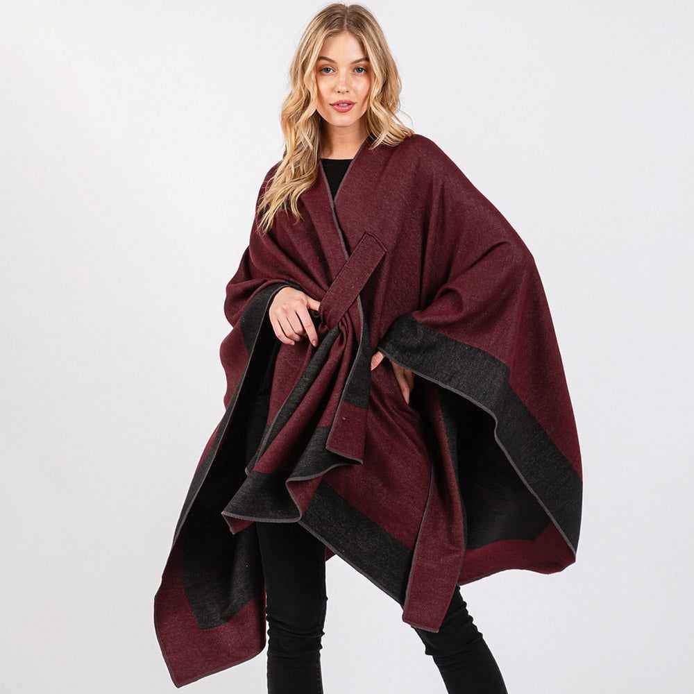 Burgundy Two Tone Pull Through Shawl Ruana Poncho