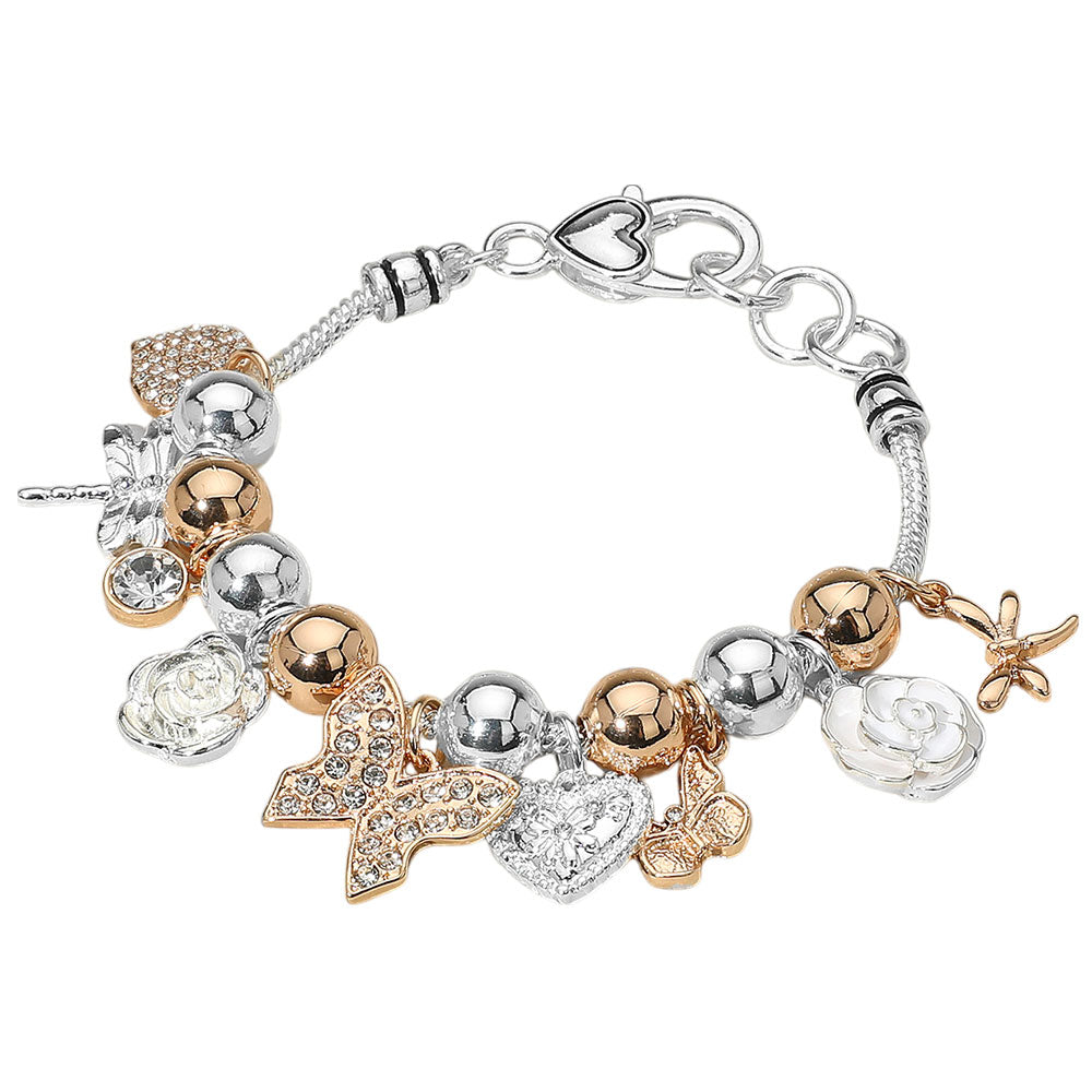 Two Tone Butterfly Dragonfly Heart Pearl Charm Beaded Bracelet M H W ACCESSORIES LLC Two Tone Butterfly Dragonfly Heart Pearl Charm Beaded Bracelet