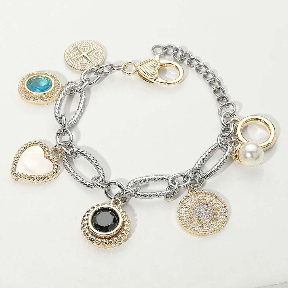 14K Gold Plated Two Tone Mother of Pearl Heart Pearl Color CZ Charm Station Bracelet