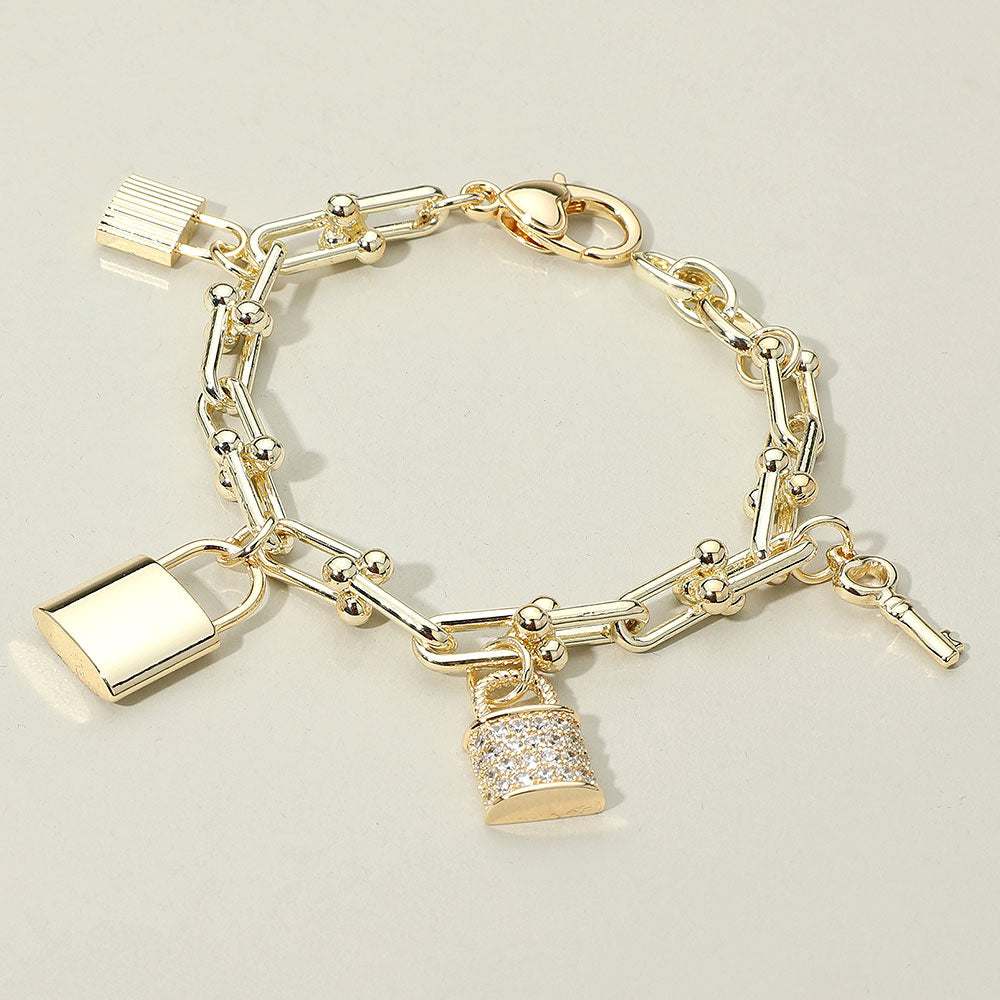 14K Gold Plated CZ Stone Paved Lock Key Charm Station Industrial Chain Link Bracelet