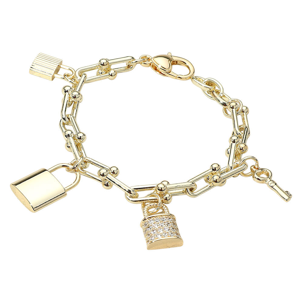 14K Gold Plated CZ Stone Paved Lock Key Charm Station Industrial Chain Link Bracelet