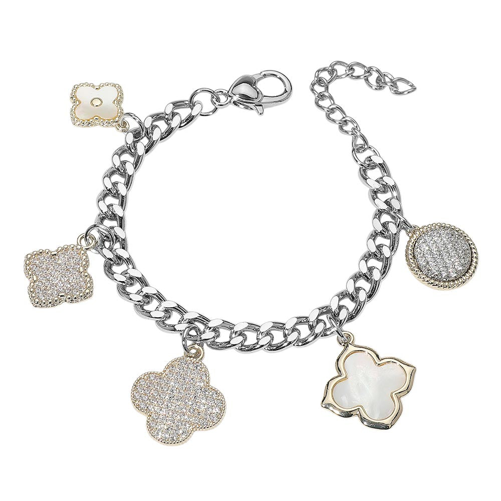 14K Gold Plated CZ Stone Paved Mother of Pearl Quatrefoil Charm Station Bracelet M H W ACCESSORIES LLC 14K Gold Plated CZ Stone Paved Mother of Pearl Quatrefoil Charm Station Bracelet