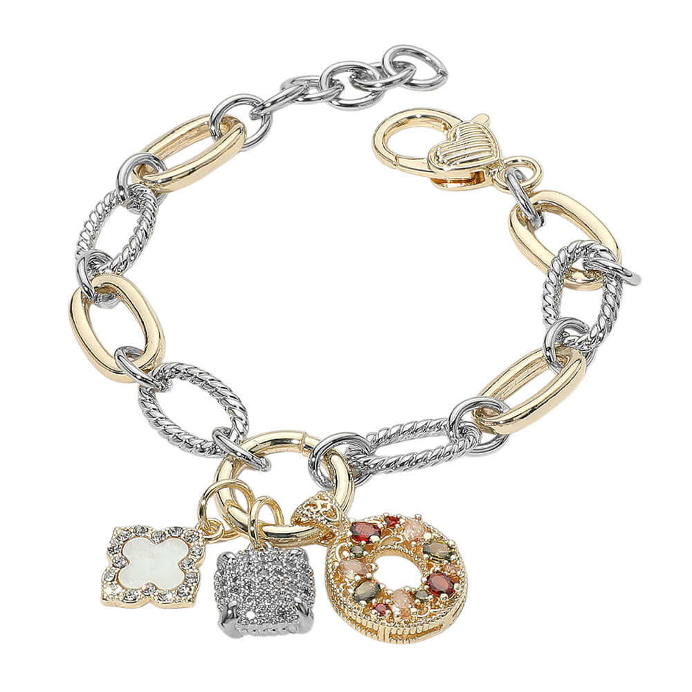14K Gold Plated Two Tone CZ Paved Mother of Pearl Quatrefoil Square Ring Charm Accent Bracelet M H W ACCESSORIES LLC 14K Gold Plated Two Tone CZ Paved Mother of Pearl Quatrefoil Square Ring Charm Accent Bracelet