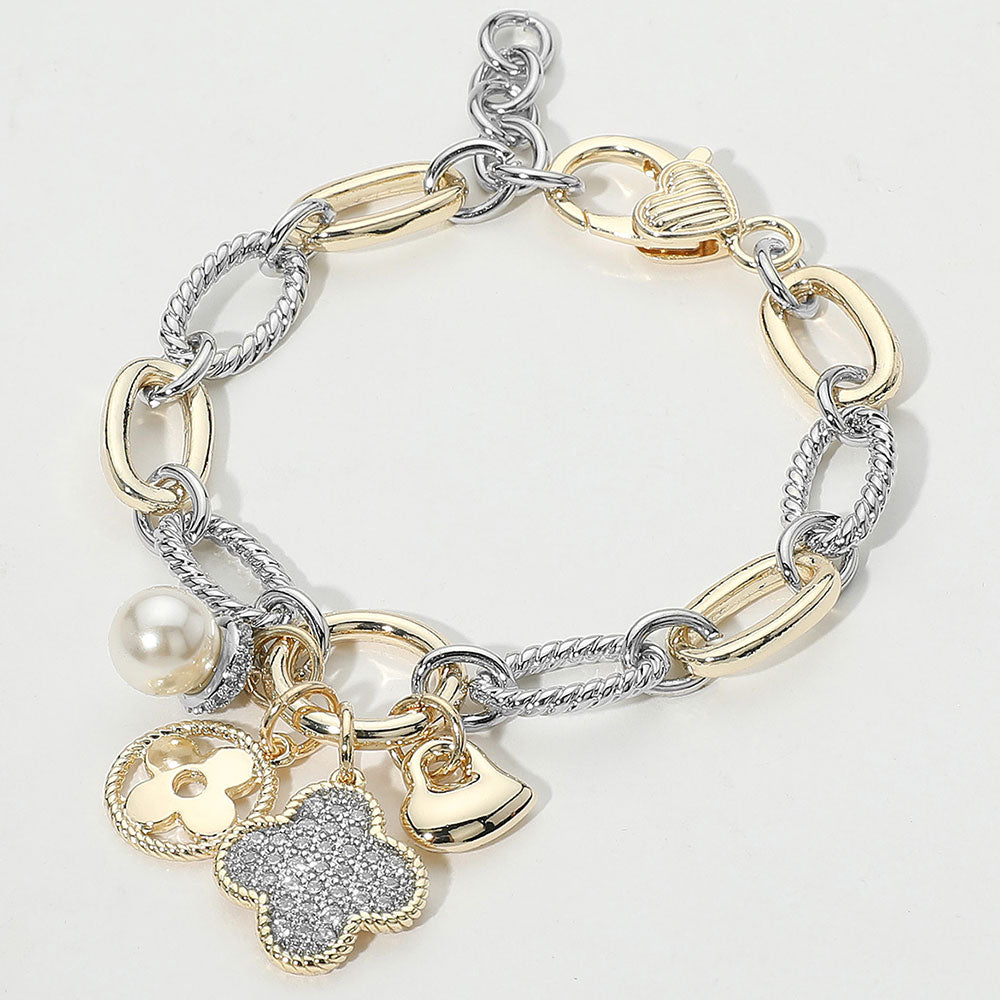 14K Gold Plated Two Tone CZ Quatrefoil Heart Pearl Charm Accent Bracelet - M H W ACCESSORIES LLC
