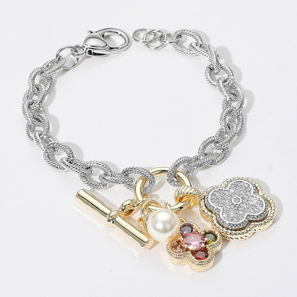 14K Gold Plated Two Tone CZ Paved Quatrefoil Cluster Pearl Charm Accent Bracelet M H W ACCESSORIES LLC 14K Gold Plated Two Tone CZ Paved Quatrefoil Cluster Pearl Charm Accent Bracelet