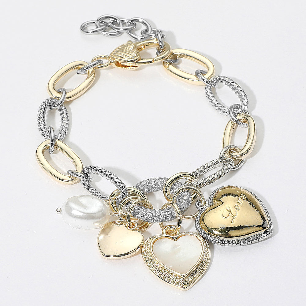 Two Tone 14K Gold Plated CZ Ring LOVE Message Engraved Mother of Pearl Heart Pearl Charm Pendant Bracelet M H W ACCESSORIES LLC Two Tone 14K Gold Plated CZ Ring LOVE Message Engraved Mother of Pearl Heart Pearl Charm Pendant Bracelet