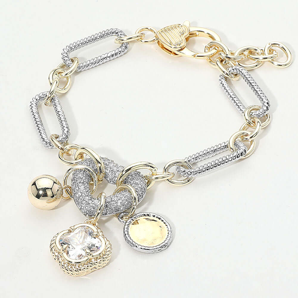 14K Gold Plated Two Tone CZ Paved Heart Link Quatrefoil Ball Charm Accent Bracelet