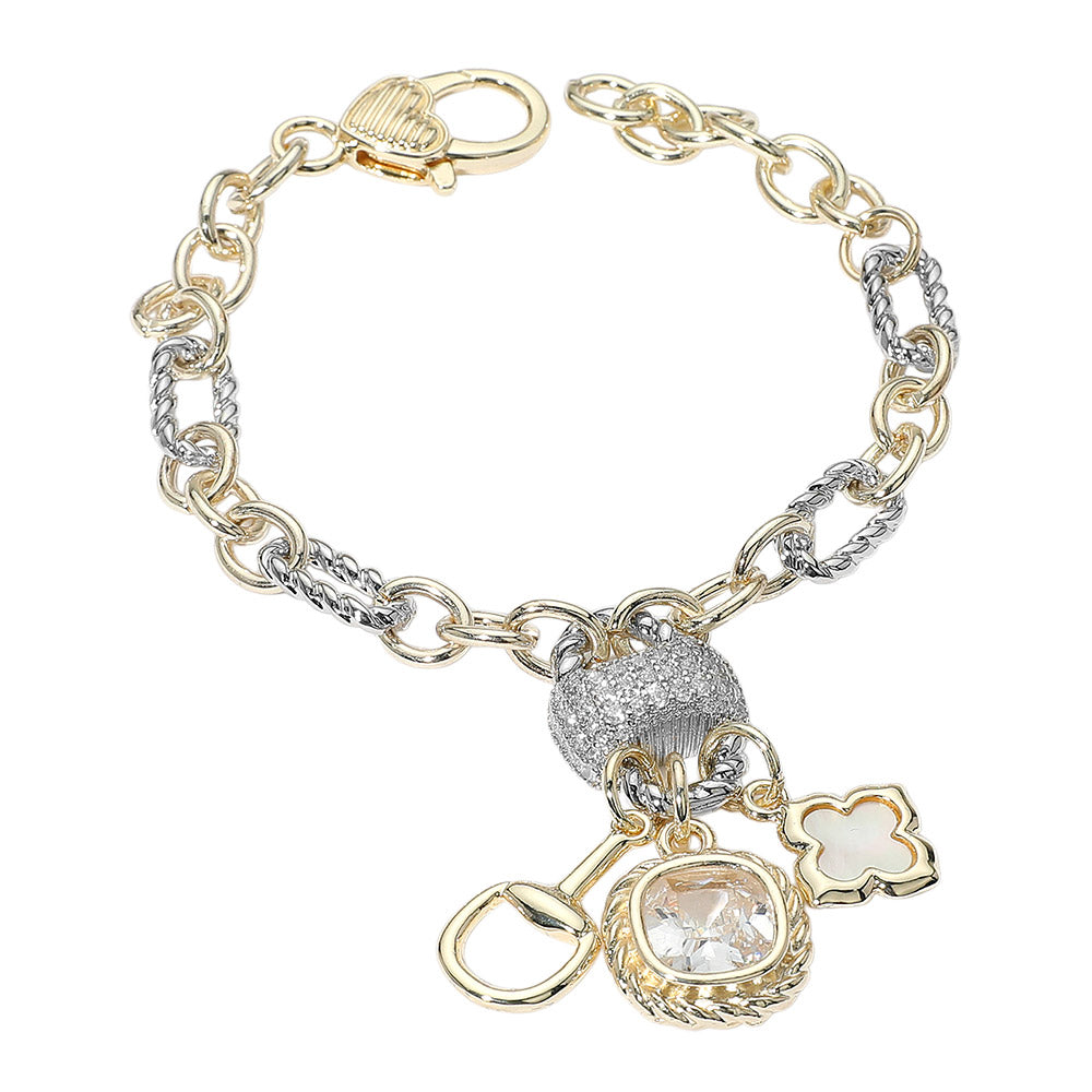 14K Gold Plated Two Tone CZ Paved Cluster Accent Open Clover Cluster Horsebit Charm Bracelet M H W ACCESSORIES LLC 14K Gold Plated Two Tone CZ Paved Cluster Accent Open Clover Cluster Horsebit Charm Bracelet