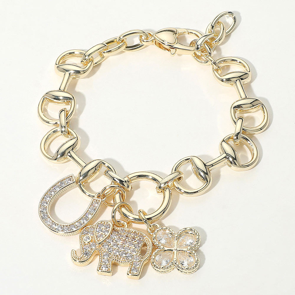 14K Gold Plated CZ Elephant Horseshoe Clover Charm Horsebit Chain Bracelet