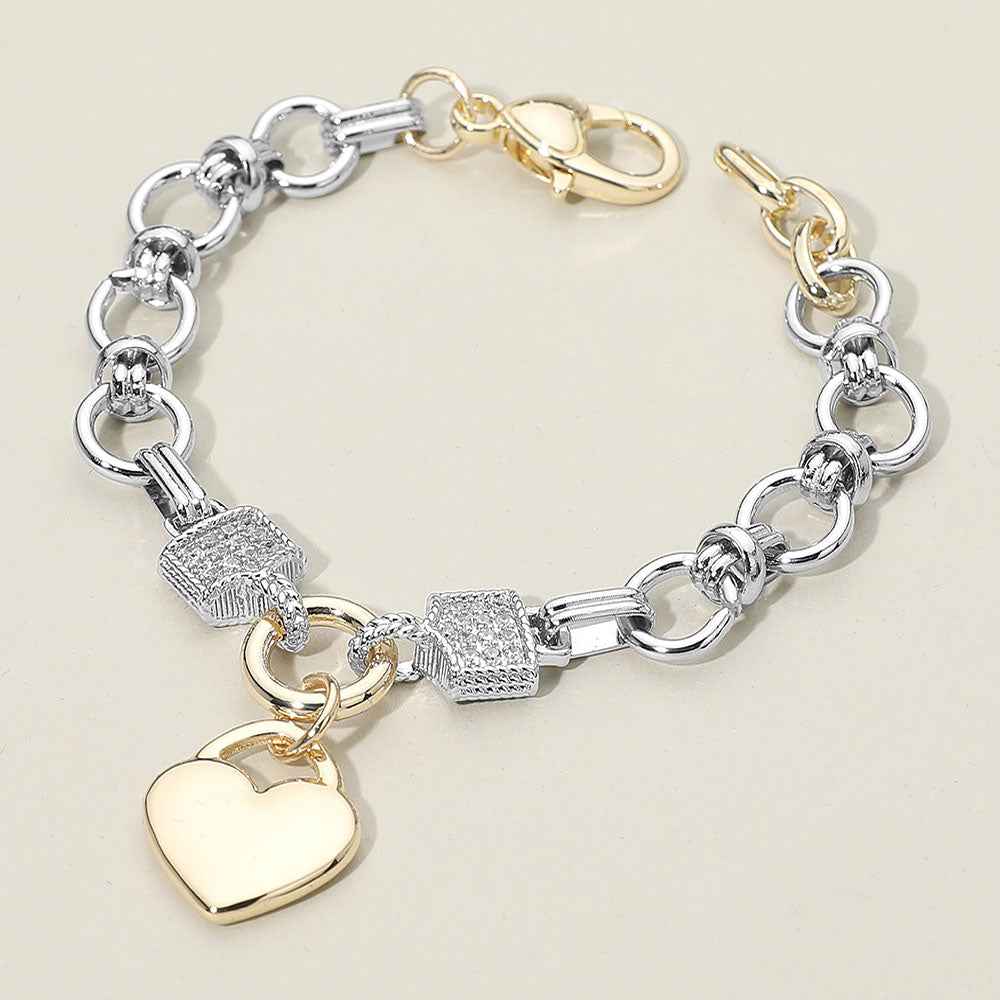 14K Gold Plated Heart Charm Two Tone CZ Paved Accent Link Bracelet