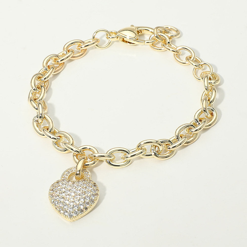 Women's 14K Gold Plated CZ Heart Pendant Chunky Chain Bracelet
