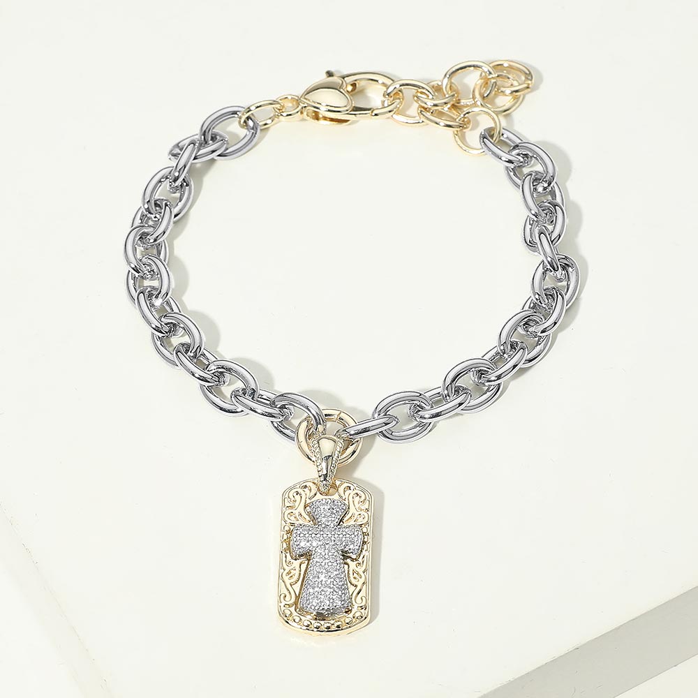 14K Gold Plated Two Tone CZ Pave Cross Tag Charm Chunky Chain Bracelet M H W ACCESSORIES LLC 14K Gold Plated Two Tone CZ Pave Cross Tag Charm Chunky Chain Bracelet
