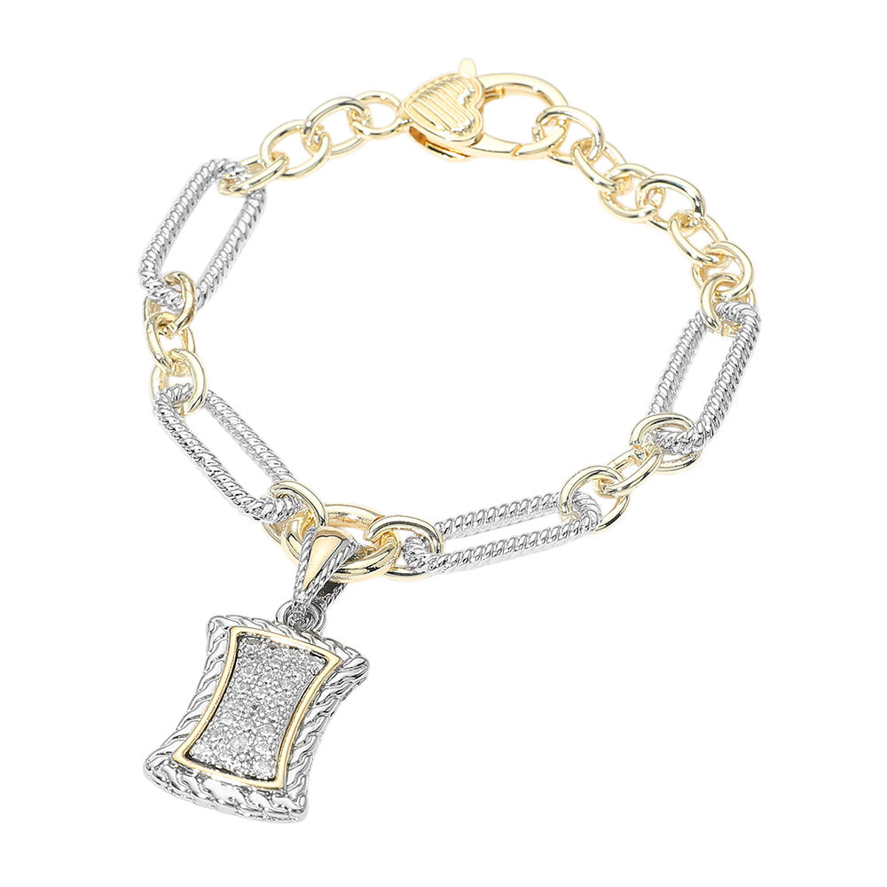 14K Gold Plated Two Tone CZ Pave Rectangular Frame Charm Link Bracelet M H W ACCESSORIES LLC 14K Gold Plated Two Tone CZ Pave Rectangular Frame Charm Link Bracelet