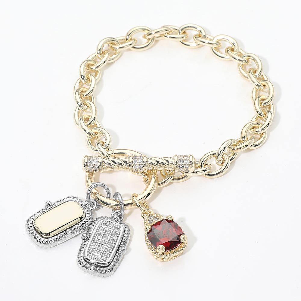 14K Gold Plated CZ Stone Two Tone Bar Charm Pendant Toggle Necklace